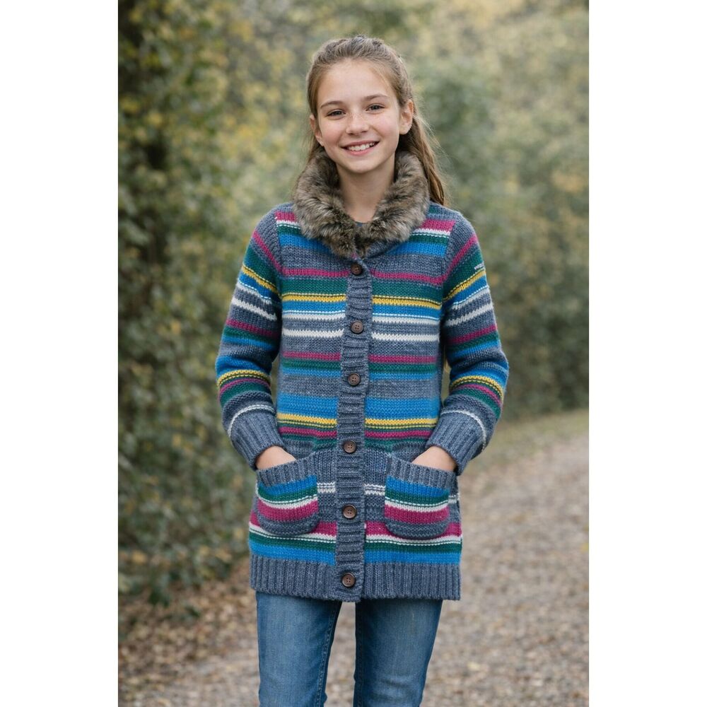 Hanna Andersson Longline Cardigan Sweater Girl's Rainbow Fur Collar 120 (6-7)